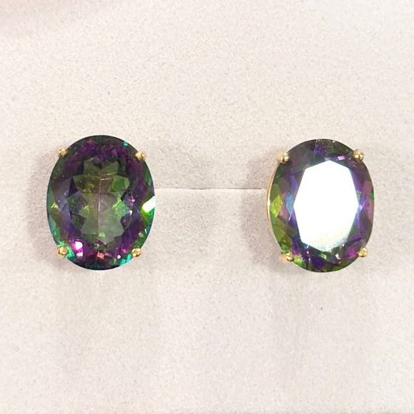 Mystic Topaz 14K Gold Stud Earrings: Clyde Duneier Vintage Solitaire - Picture 3 of 7